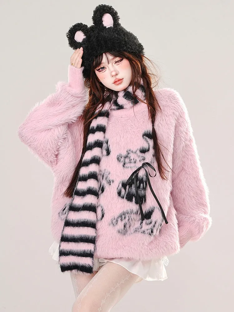 Apricot/Pink Cute Animal Bows Adorned Mohair Sweater with Free Striped Scarf
