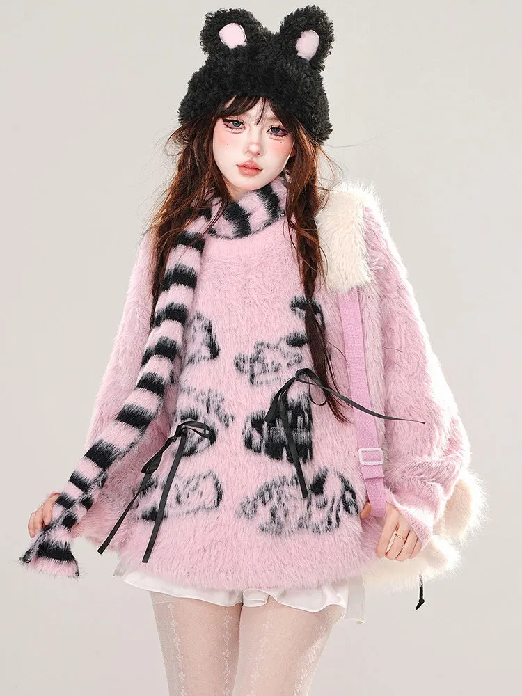 Apricot/Pink Cute Animal Bows Adorned Mohair Sweater with Free Striped Scarf