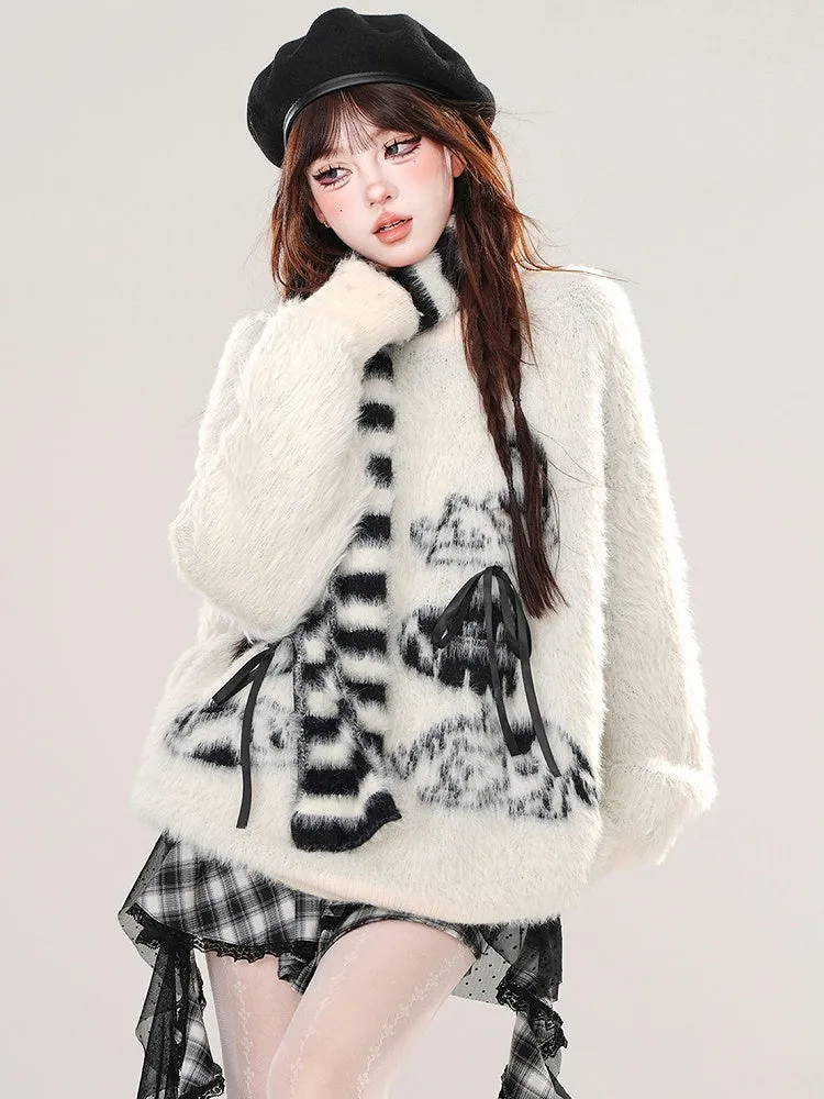 Apricot/Pink Cute Animal Bows Adorned Mohair Sweater with Free Striped Scarf