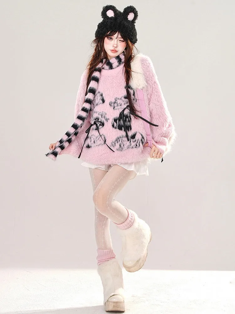 Apricot/Pink Cute Animal Bows Adorned Mohair Sweater with Free Striped Scarf