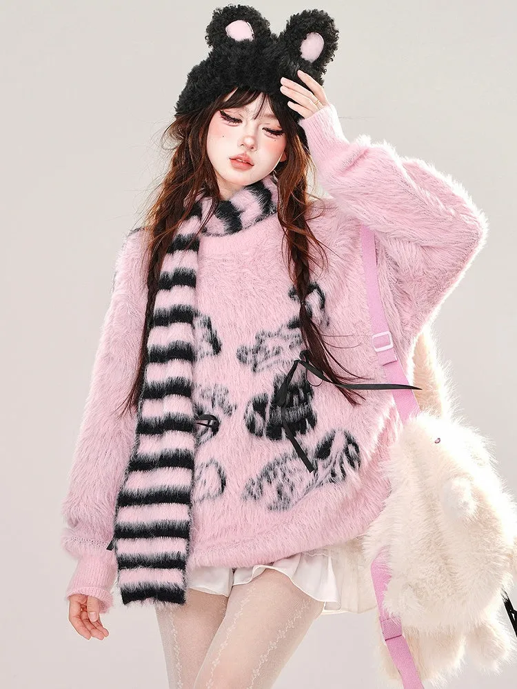 Apricot/Pink Cute Animal Bows Adorned Mohair Sweater with Free Striped Scarf