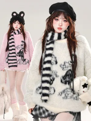 Apricot/Pink Cute Animal Bows Adorned Mohair Sweater with Free Striped Scarf