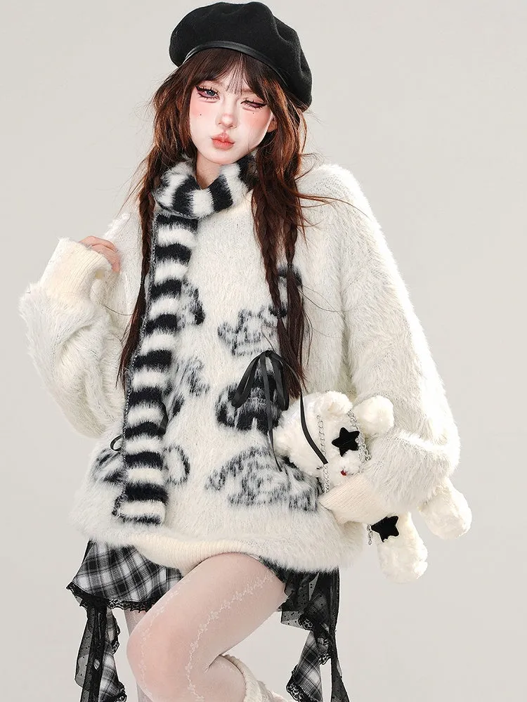 Apricot/Pink Cute Animal Bows Adorned Mohair Sweater with Free Striped Scarf