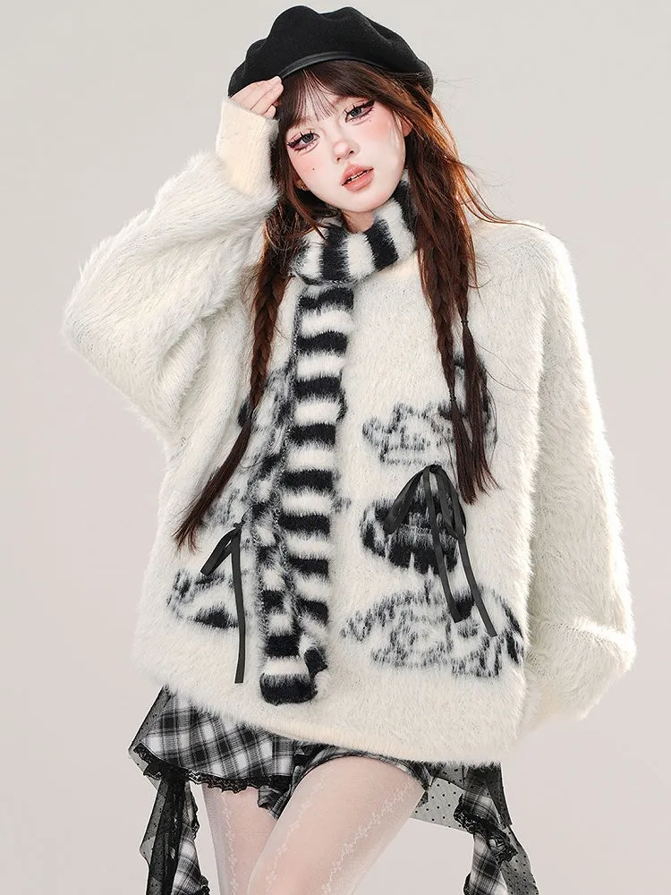 Apricot/Pink Cute Animal Bows Adorned Mohair Sweater with Free Striped Scarf