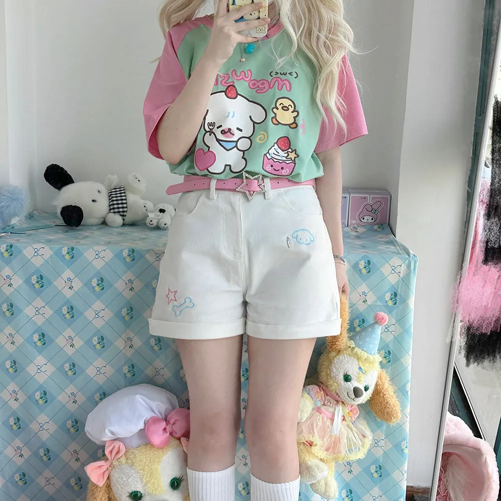 Cartoon Strawberry Puppy Print Loose T-Shirt