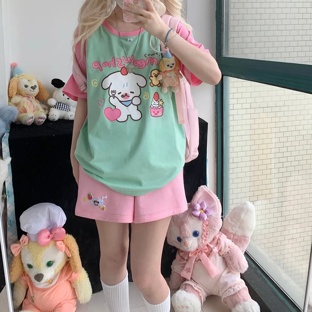 Cartoon Strawberry Puppy Print Loose T-Shirt