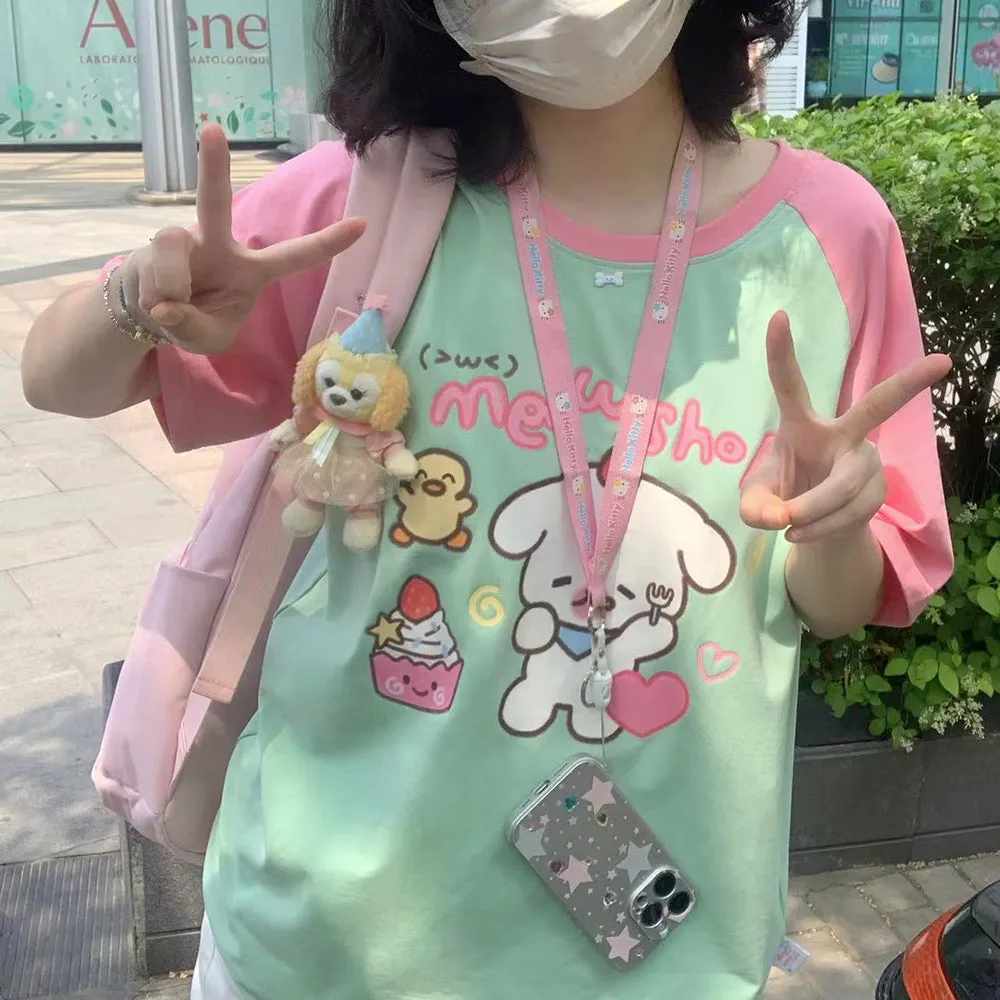 Cartoon Strawberry Puppy Print Loose T-Shirt