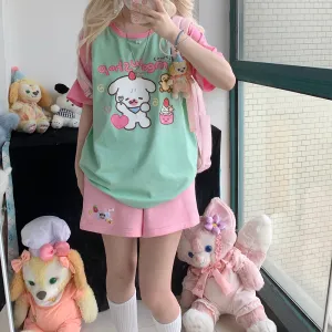 Cartoon Strawberry Puppy Print Loose T-Shirt