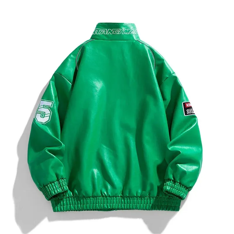Mens Leather Jacket Pu Letter Embroidery Motorcycle Jacket Retro Hip Hop Windbreaker Biker Coat Street Fashion