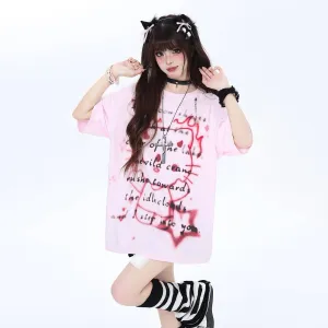 Pink Cartoon Kitty Printed Cotton T-shirt