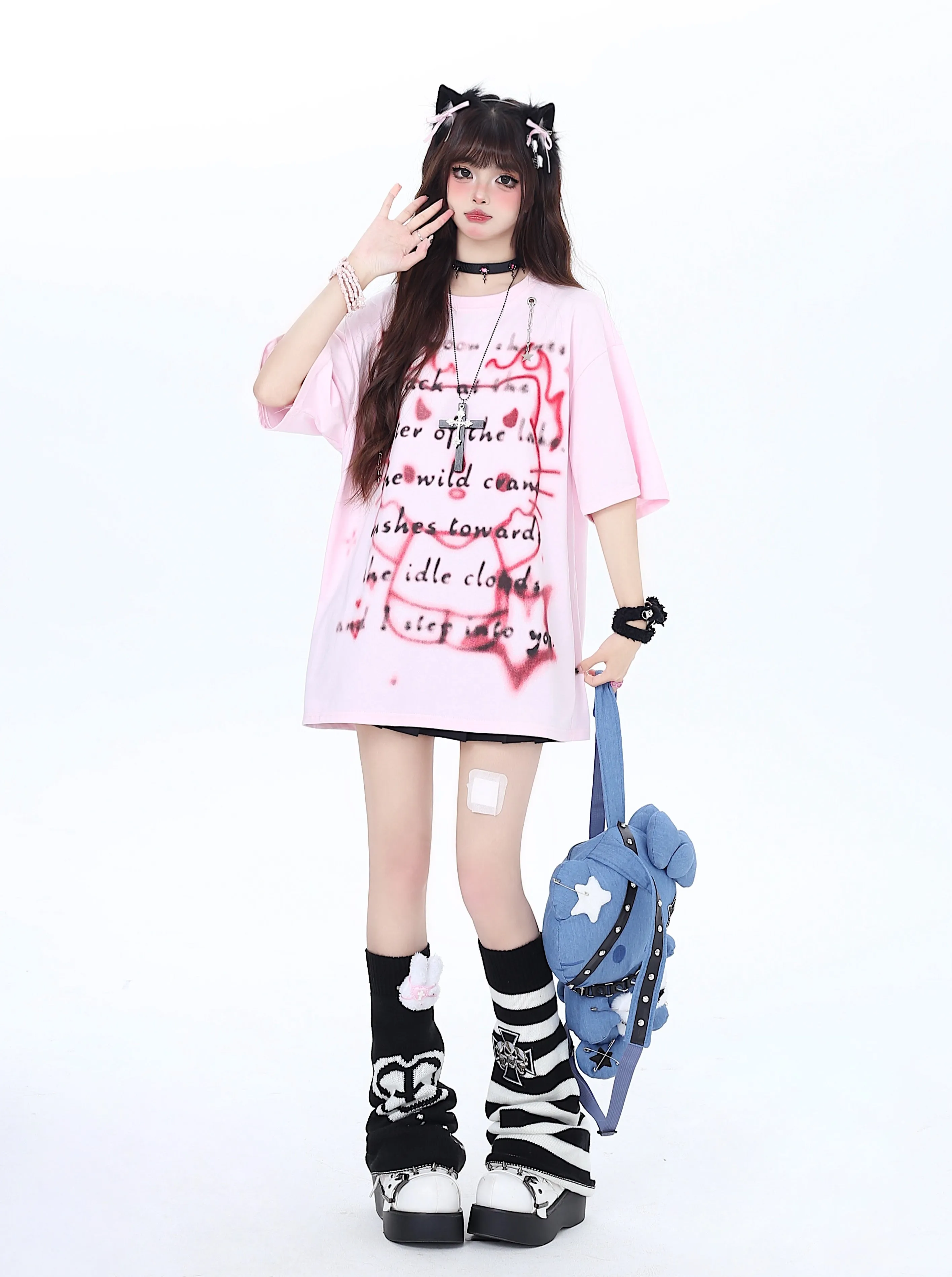 Pink Cartoon Kitty Printed Cotton T-shirt