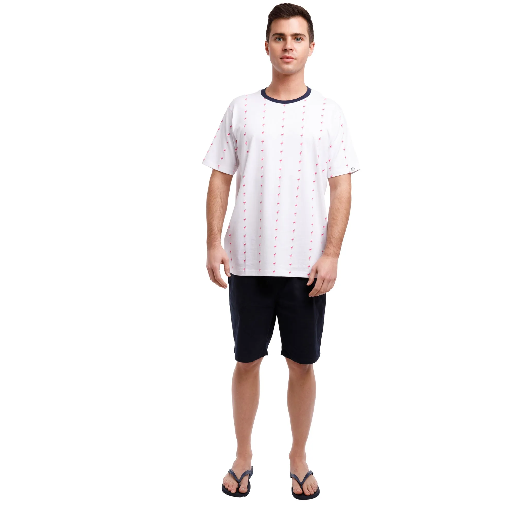 Printed Stretch Short Sleeve Crew Neck Tee | Pink Flamingo Stripes