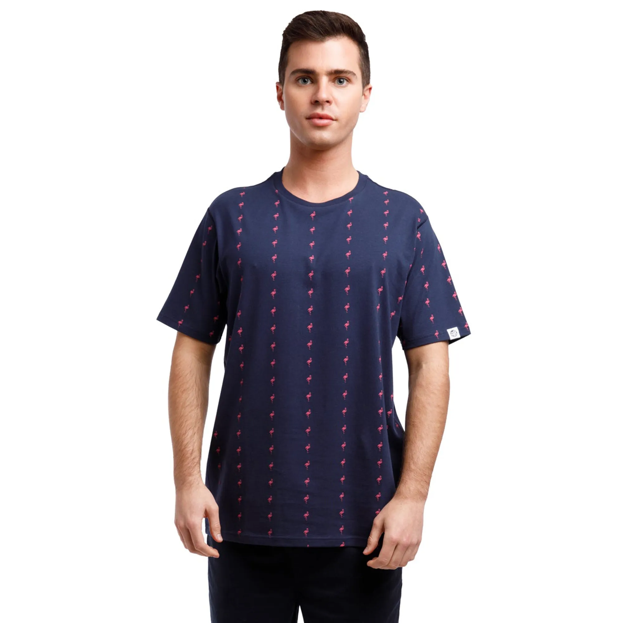 Printed Stretch Short Sleeve Crew Neck Tee | Pink Flamingo Stripes