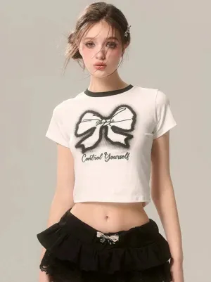 Slim Printed White T-Shirt Ribbon Short