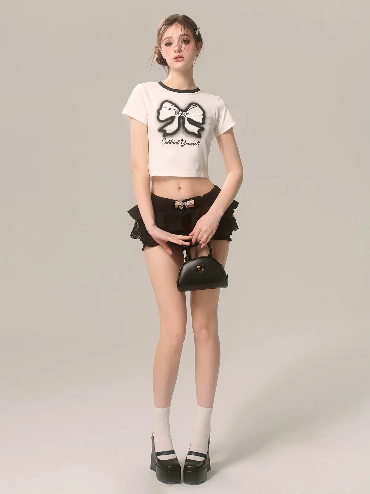 Slim Printed White T-Shirt Ribbon Short
