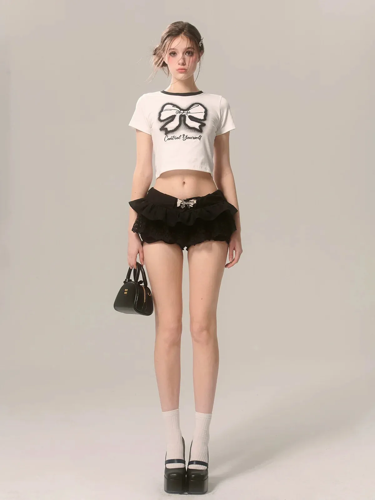 Slim Printed White T-Shirt Ribbon Short