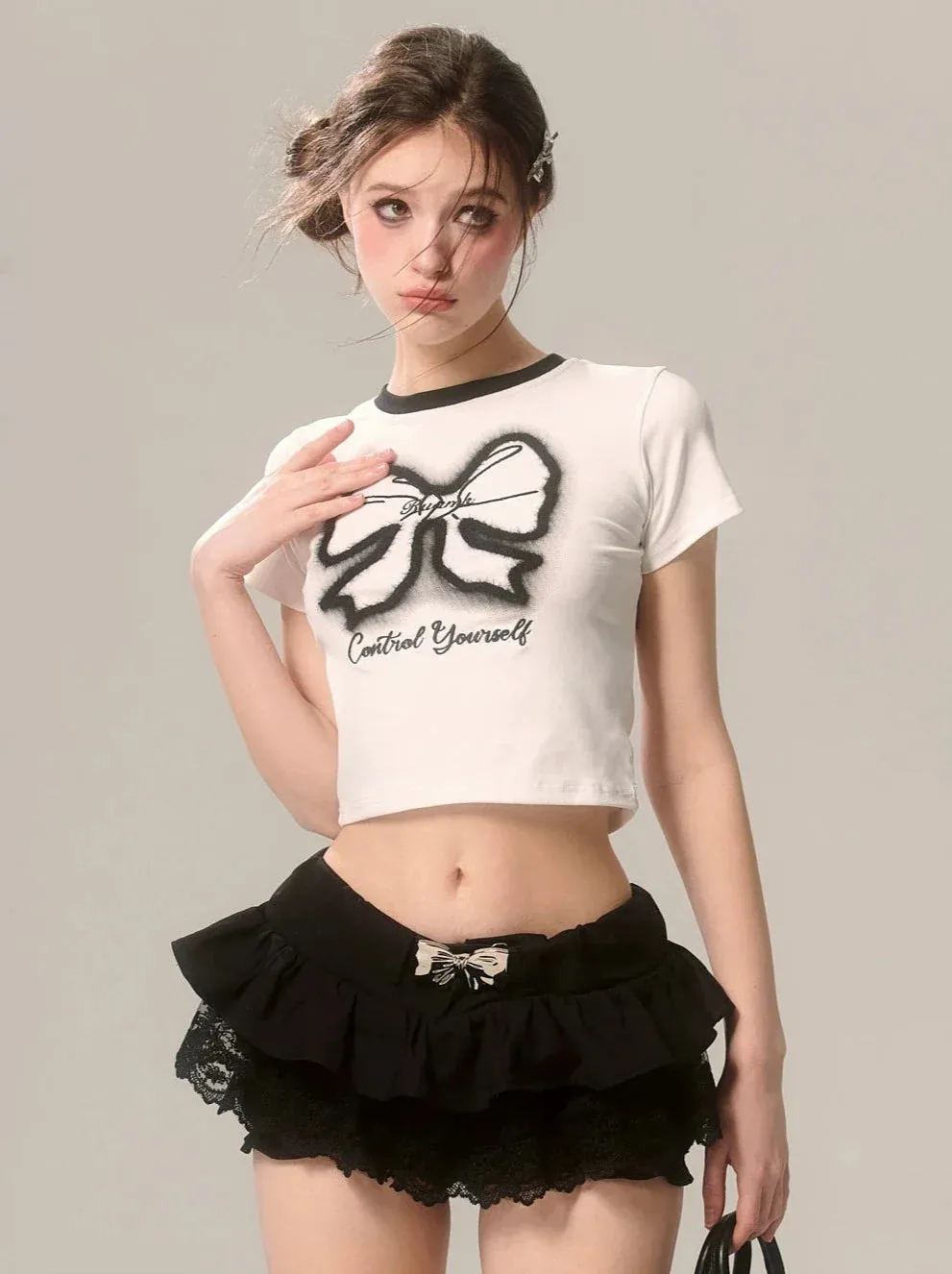 Slim Printed White T-Shirt Ribbon Short