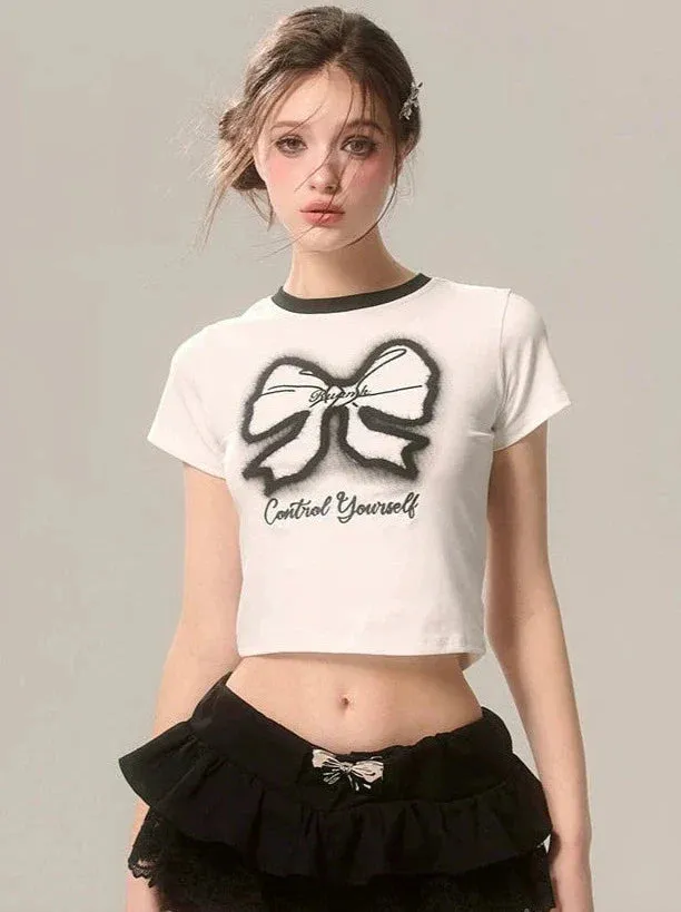 Slim Printed White T-Shirt Ribbon Short